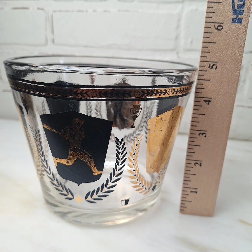 Vintage Glass Ice Bucket Barware 1950’s Sports Theme Black And Gold Trophies
